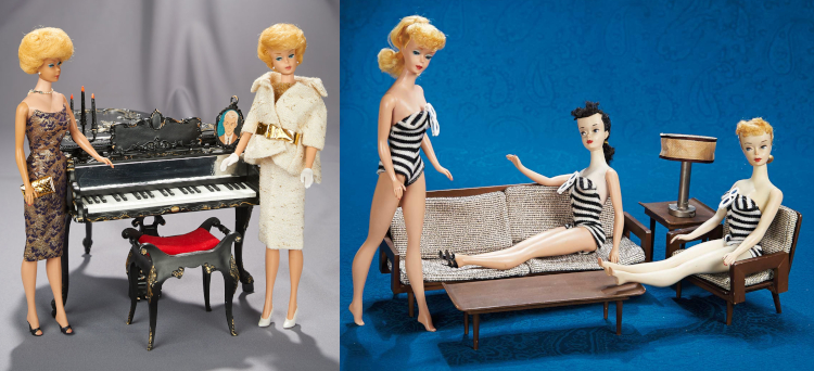 Left: two dolls stand to either side of an ornate, black grand piano. A candelabra and "photo" of Ken adorn the top, and a black bench with red upholstered seat sits to the fore. Right: One ponytail blonde sits in a wooden armchair with her feet resting on a coffee table with slightly upturned edges; a brunette sits sideways on a sofa with legs extended. The chair and sofa have matching cushions in a light brown or brown-and-cream weave. Between them, an end table with the same upturned edges holds a metal lamp with a short, wide drum-shaped shade. A second blonde stands to one side. All dolls wear the zebra-striped swimsuit with sunglasses hanging from the chest. The dark-haired doll has her shoes on the couch, while the other two are barefoot.