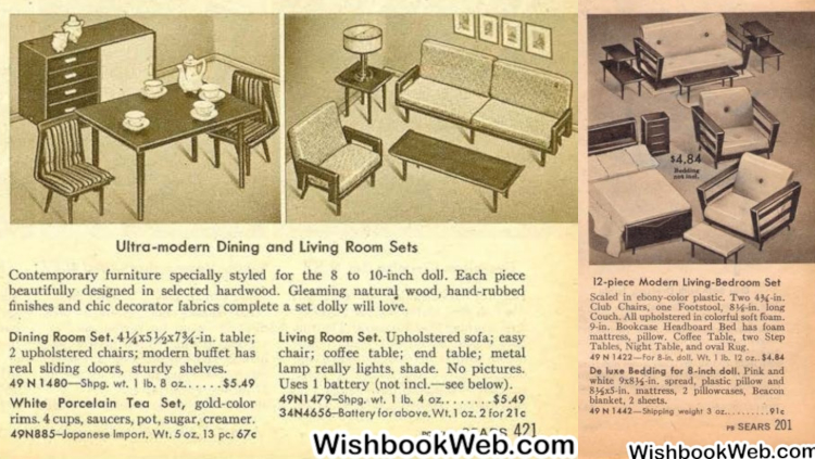 Black and white catalog entries. Left: drawn illustrations of Mattel Modern furniture sets. Text below reads: "Ultra-modern Dining and Living Room Sets; Contemporary furniture specially styled for the 8 to 10-inch doll. Each piece beautifully designed in selected hardwood. Gleaming natural wood, hand-rubbed finishes and chic decorator fabrics complete a set dolly will love. Dining room set. 4 1/4 x 5 1/2 x 7 3/4-in table; 2 upholstered chairs; modern buffet has real sliding doors, sturdy shelves. 49 N 1480--Shpg wt. 1 lb. 8 oz... $5.49; White Porcelain Tea Set, gold-color rims. 4 cups, saucers, pot, sugar, creamer. 49N885--Japanese import. Wt. 5 oz. 13 pc. 67 c; Living Room Set. Upholstered sofa; easy chair; coffee table; end table; metal lamp really lights. shade. No pictures. Uses 1 batter (not incl.--see below). 49N479-Shpg. wt. 1 lb. 4 oz... $5.49; 34N4656-Battery for above. Wt. 1 oz. 2 for 21 c." At right, a settee, two easy chairs, a bed with headboard shelf, footstool, and two tiered end tables are Settee and chairs have interestingly-angled quadrilateral armrests with horizontal bars running across. Text reads, "12-piece Modern Living-Bedroot Set; Scaled in ebony-color plastic. Two 4 3/4-in. Club Chairs, one Footstool, 8 1/8-in. long Couch. All upholstered in colorful soft foam. 9-in. Bookcase Headboard Bed has foam mattress, pillow. Coffee Table, two Step Tables, Night Table, and oval Rug. 49 N 1422--For 8-in. doll. Wt. 1 lb 12 oz... $4.84; De luxe Bedding for 8-inch doll. Pink and white 9x8 1/2-in. spread, plastic pillow and 8 1/2x5-in. mattress, 2 pillowcases, Beacon blanket, 2 sheets. 49 N 1442--Shipping wight 3 oz... 91c."