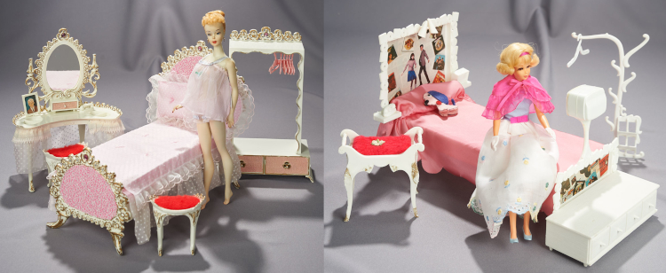 Left: ornate, gilded bedroom furniture for Barbie: an open wardrobe with hangers and two drawers at the bottom, a bed with pink and gold base and headboards, and a vanity with sheer skirt and framed photo of Ken. Two white benches have red velvet-like seats. Right: Wearing First Formal, Francie sits on a bed with pink linens. Collages on the headboard and baseboard look like magazine cutouts. Extending up from a thin stalk on the baseboard is a small television. A tree-like garment hanger sits toward the back of the scene. A red-upholstered bench like Barbie's is to one side and a one-drawer unit sits on the floor at the foot of the bed. Furniture is all in white plastic.