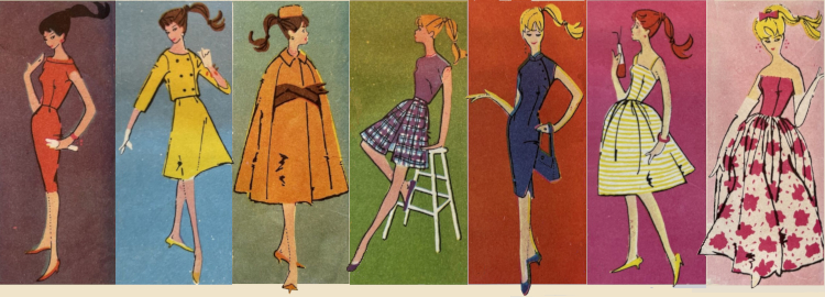 Sevem loose, simple sketches of ponytail Barbies in 1960s fashions similar to those Mattel sold. Barbie wears sheaths, full-skirted sundresses, a cape, a dress with double-breasted jacket, a sleeveless shirt with culottes, and a long, full-skirted gown.