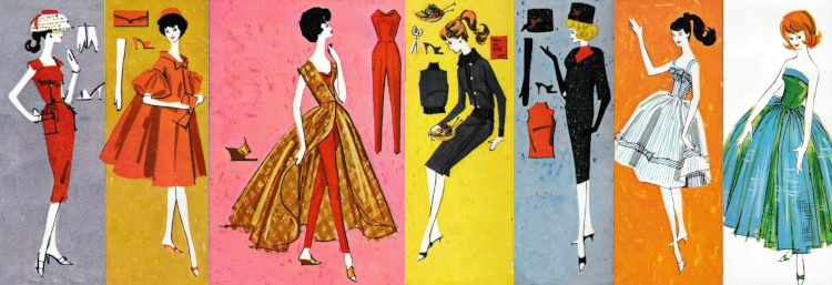 Sketches from Mattel fashion booklets of ponytail and bubble cut Barbies wearing Sheath Sensation, Red Flare, Dinner at Eight, Sweater Girl (which is all black or dark grey for some reason), Career Girl, and Movie Date; plus Midge wearing Senior Prom. All the dolls portrayed have a white pallor, in contrast to the natural skin tone of the pattern illustrations.
