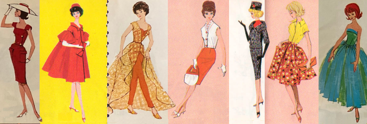 Similar to the earlier lineup of fashion sketches, but from 1963. Sheath Sensation and Dinner at Eight have been redrawn. Red Flare, Career Girl and Senior Prom are recolored and edited. Crisp n Cool and Country Fair replace the discontinued looks Sweater Girl and Movie Date. This year's illustrations have realistic skin tone and more detail in the hair and fabric texture.