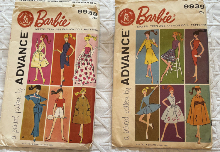 The seven illustrations at the top of the post are peppered through twelve illustrations across two pattern envelopes. Each sketch appears on a different-colored rectangle background. The envelopes read "a printed pattern by ADVANCE; Barbie (R) Mattel Teen Age Fashion Doll Patterns." The envelopes are numbered 9938 and 9939, and each says it cost 75 cents. 