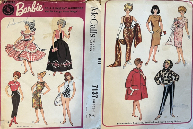Pattern sleeve with hand-drawn illustrations of ten dressed dolls, wearing several country looks, sportswear, sheaths for day, a reception line-type lace dress, a floor-length evening gown and one voluminous coat. The background for all ten looks is plain white. The pattern number is 7137.