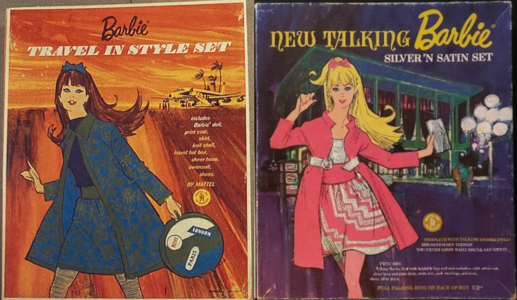Two squarish gift set lids. Left: Barbie's Travel in Style Set shows a mod Barbie in a dark-colored top and matching blue and green patterned miniskirt and jacket, carrying a round piece of luggage in coordinating white, green and blue bands with stickers reading "London," "Paris" and "Rome." A blue hairbow complements the look. In the background palm trees blow in the wind and a jet airplane stands;; the ground and sky around her are all flaming orange, gold and brown in rough brush or marker strokes. At right, the New Talking Barbie Silver 'm Satin Set. In the background, a theater or other ostentatious building in a modern style, with a dramatic sloping roof supported by aerodynamic-looking flying buttresses in the style of Saarinen or similar, and soaring windows, several stories high, partially covered by long, dark, reddish drapes. A streetlight consisting of a cluster of bright white globes is represented to one side, with a group of three indistinct human figures standing beneath. In the foreground, Barbie is running toward the observer, wearing a silver and pink minidress covered by a silver-belted pink jacket, pink tights, and a pink hairbow, and carrying a silver clutch. Although she looks happy, she is unquestionably fleeing the scene.