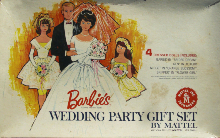 Barbie's Wedding Party Gift Set features a hand-drawn illustration on a mostly white background, with orange marker shading the area behind the characters. As the box text describes: 4 Dressed Dolls Included. Barbie in "Bride's Dream." Ken in Tuxedo. Midge in "Orange Blossom." Skipper in Flower Girl." 

The bride sports a brunette bubble cut hairstyle. 