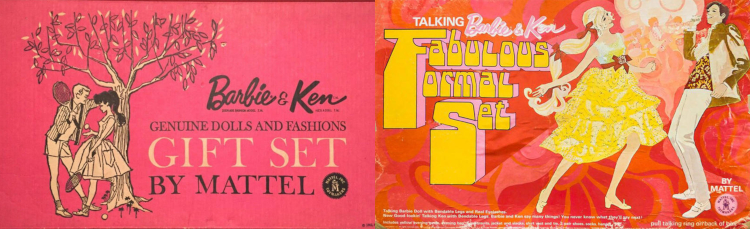 Two wide-ish rectangular gift set box tops. Left, the Barbie & Ken Tennis set shows Barbie and Ken holding tennis rackets, standing beneath a tree. Ken is dressed for sports in what looks like a cardigan and shorts, while Barbie, with a brunette ponytail, has a full-skirted look with a large side pocket and a silhouette similar to Movie Date. The drawing is in black and white on a bright pink background. At right, a scene of enthusiastic dancing, with Barbie in a midi-length, tiered yellow skirt and Ken in a ruffled shirt and suit. Abstracted floral patterns fill the background.