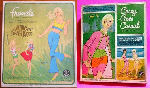 Left: Francie and her Swingin' Separates, a square box showing Francie frolicking in blue bell bottoms and a yellow corp top with blue trim; a red skirt with colorful floral top; and her bathing suit with a white, pink, and green checked top with green bottom. A markery mess of what I believe may be grass fills the background. Right: Casey Goes Casual box lid consists of a space filled by differently-colored boxes, some containing text and two containing illustrations. In the larger illustration, Casey ventures forth in a colorblock dress of hot pink, chartreuse, and orange, with a coordinating jacket overtop; a tree-lined background is roughed out in oil pastel or similar. In a smaller inset, two Caeys who appear to have no bones through their midriffs and waists wriggle about in a beach scene; one wears a jumpsuit or matchcng top and pants in a bright pink pattern, while the other wears a gold and white bathing suit. They appear ot be standing on sand with a frothing ocean behind them.