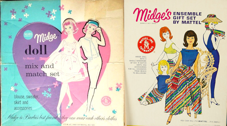 Left, Midge doll mix and match set: a square box top consisting of a large pink and purple heart, surrounded with confetti-like flower shapes, upon which Midge is sketched wearing what look like Garden Party and Sorority Meeting. However, the text on the box explains that the included outfit elements are: "blouse, sweater, skirt and accessories." Box also reads, "Midge is Barbie's best friend... they can wear each other's clothes." Right, Midge's Ensemble Gift Set: On a while background, a colorful illustration shows Midges with 3 hair colors, seated in 3 positions, wearing knit pak elements. Each outfit includes at least one of the rainbow-striped knit pieces. One of the Midges may be wearing her yellow swimsuit top along with the rainbow shorts; the Midge in the foreground sits in some sort of wrought or wicker chair wearing a roll-top blue shirt with long rainbow skirt and rainbow sash/scarf worn as a belt. At the back, facing away from the group but turning to look back over her shoulder, appears to be Barbie going a little incognito in a wide-brimmed hat with rainbow fabric trim. She wears a tight, all blue ensemble and holds up a rainbow-striped purse as if to conceal her face. If she had her sunglasses on I'd swear she was spying on the Midges, but no sunglasses appear in the illustration.