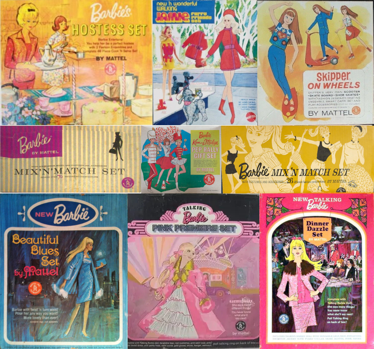Collage of nine more gift box illustrations. At top left, the Barbie Hostess set has Midge and Barbie in "courtroom portrait" style, surrounded by cakes and tea things; next is Walking Jamie, illustrated in a bright red jacket and boots, walking a poodle on a treelined street and looking into a shop window at a photo version of herself in her yellow, pink and orange minidress, also with poodle; at right, Skipper on Wheels shows Barbie's sister in the "superior fashion booklet" style, riding a skateboard, scooter and roller skates. Along the middle row are two mix 'n match sets: one in the "discreet" style and one in the "sketch-collage" style, with simple drawings of barbie in black, white and gold; at center is a Pep Rally Gift set showing Barbie, Ken and Midge dressed as drum majors and a cheerleader (that's Midge). Along the bottom row, the Beautiful Blues Set shows Barbie in a sparkling blue dress, jacket, shows, and purse, before a roughly-sketched city skyline; the Pink Premiere set shows her in a ruffled white and pink dress and pink jacket with floodlights fanning out behind her; and Dinner Dazzle shows her in a pink outfit, including jacket with wide, fur-trimmed collar, standing in a fine-dining restaurant.