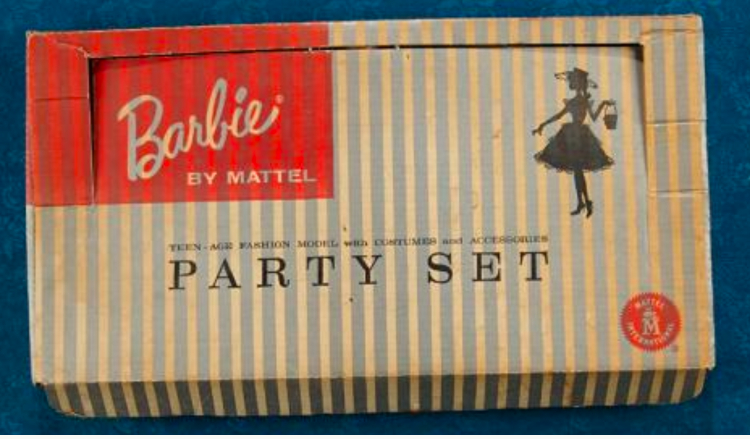 The "Party Set" box is again a wide rectangle, this one covered in vertical pale blue and white stripes. Most of the rest of the adornment is text: Barbie and Mattel logos and the words "Teen-age Fashion Model with Costumes and Accessories," and "Party Set." At the upper right is a silhouette of Barbie wearing what may be Plantation Belle.