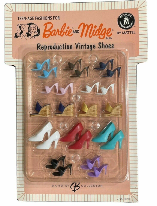 12 pairs of shoes mounted on a card. The packaging design resembles early 60s boxed fashions and gift sets. From top to bottom the shoes are: 5 pairs of open-toed heels (turquoise, brown, navy, pale pink, and white); two pairs of plastic wedges, with navy and gold uppers; 3 pairs of closed-toes heels in white, red, and turquoise; and two more pairs of open-toed heels in black and lavender.