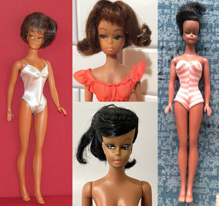 Four Black, non-Barbie 1960's dolls with demure side-eye. One resembles a bubble, one has a Midge-like flip, and the other two have ponytails: one with sideswept bangs and the other with either no bangs, or bangs that have been brushed back into its hair. All dolls look mussed and played with, but not beyond rescue.
