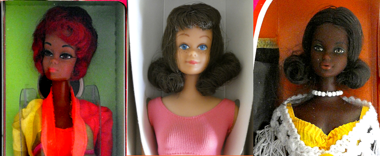Three boxed, vintage dolls are shown from the bust up: Christie with oxidized red hair, Midge with black hair, and Delux Quick Curl Cara, whose flip hair looks close to Midge's, without Midge's bangs.