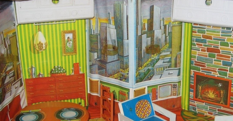 Closeup on the interior walls of Jamie's penthouse, showing city views on 3 of the 6 sides with shelving beneath, the fieldstone fireplace with stones in all the colors of the rainbow on one wall, and a dining room backdrop on one wall with green and yellow vertically striped wallpaper, an ornate hanging light fixture (illustrated, not lighted), and buffet. This covers 5 of the 6 facets of the hexagon-shaped case viewed from within.  