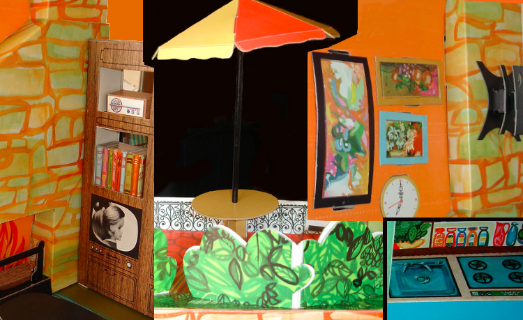 Close-ups on parts of Tressy's penthouse: abstract art hangs next to the fireplace; the shelves to the other side include a TV with what looks like Tressy on the screen, and a little unit that may be a radio; a low wall running around the edge of the rooftop patio has a wrought iron pattern; colorful spice jars and bottles illustrated behind the range and sink in the kitchenette.