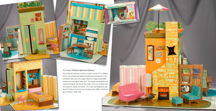 Colorful catalog photos show the four sides of Tressy's penthouse. Prominent colors in the shots are mint green, tangerine, teal, and rose pink. One side of the penthouse represents a living room with an orange and green stone fireplace (with illustrated fire), wall art, coffee table, shelves, settee and chair, lamp; another side shows a kitchenette with table and two chairs; another side is the bedroom with vanity and little pink stool (also similar to Barbie's), and the fourth side includes a closet and long "mirror." In an inset we see a boxed "working" vacuum cleaner in Tressy's scale. The vacuum cleaner is drop shaped unit with long hose attachments.