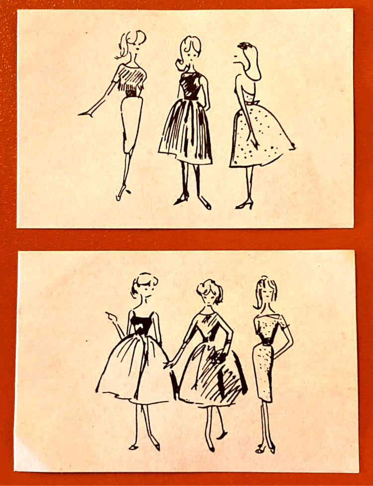 Black-and-white ink pen sketches of six garments, three apiece on two sheets. On the first sheet are shown a sheath dress with a short-sleeved evening jacket that may open in the back; a sleeveless dress with full skirt; and a belted strapless dress with back fullness and some sort of all-over speckling, resembling Party Date. In the second image is a full-skirted look with a darker bodice, like Silken Flame with straps and possible front bows; a dress that looks like Let's Dance without its bow rendered; and a wide-necked, belted, speckled sheet with short sleeves. The sketches look like they were probably created at the size in which they're produced, having few details and a minimalist style.
