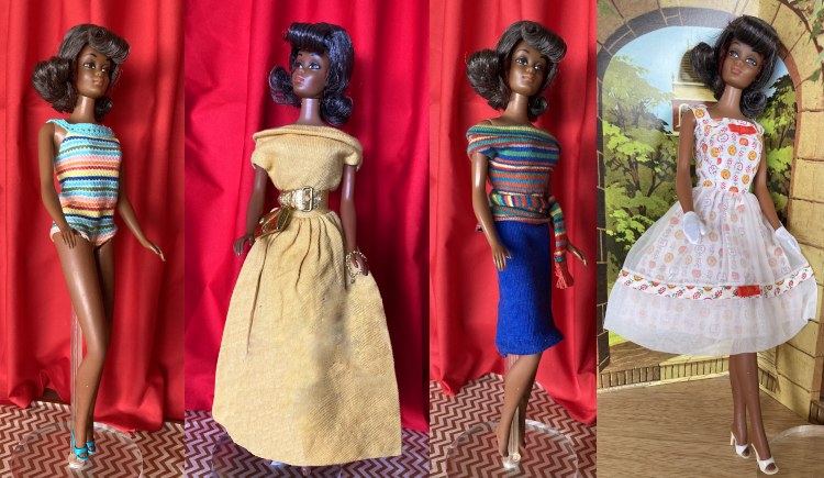 As described, Julia in a dark brown flip wig with curled bangs wears a rainbow striped swimsuit with turquoise open toed heels; mustard-colored satin roll-top shirt and full skirt with thick gold belt, purse, and charm bracelet (AKA Golden Evening); a rainbow-striped roll-top shirt, rainbow striped scarf as belt, and blue knee-length skirt; and a full-skirted white dress with all-over fruit print, white gloves, and open toed white shoes. In the first three images Julia stands before a red curtain on a gold-and-white zigzag floor; in the fourth image she stands in front of the reproduction wall of Barbie's Campus that came with the Campus Sweetheart reproduction.