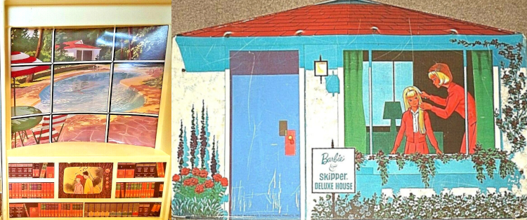 Left: from inside the house, an illustrated window looks "out" at a kidney-shaped pool, patio furniture, and a possible poolhouse partially obscured by foliage; below the "window" are illustrated bookshelves and a low television as described in the text. Right, on the exterior looking "in" we see an illustration of Barbie leaning over to comb skipper's hair; next to this is a porch light, illustrated blue front door, and sign reading "Barbie & Skipper Deluxe House."