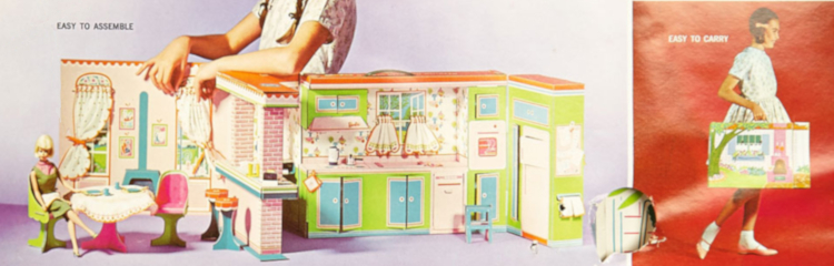 Two full-color product panels from 1960s packaging. Left panel has the works "easy to assemble and shows a human child leaning over the assembled set, consisting of half walls including "windows" with sew-free curtains; table with sew-free table cloth and two chairs; two stools along the pass-through window between seating and food prep areas; and a step stool in the kitchen for reaching high shelves. Blonde American Girl Barbie in the dress and neckerchief from Poodle Parade sits at the table, and some turquoise dishes are laid out. Right panel says "Easy to carry" and shows a child carrying the folded-up set. An illustrated tree, window with flower box, and outdoor fireplace are barely discernible on the exterior.