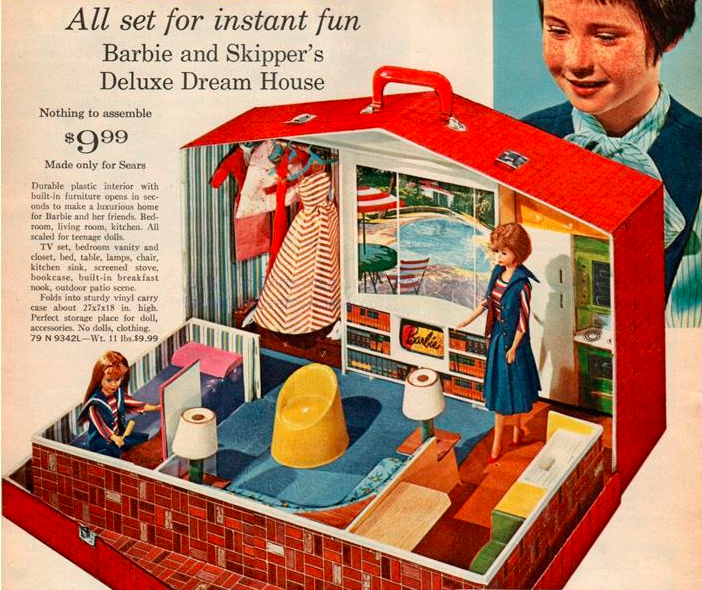 In a color catalog image, red plastic case lies open; one side stands up and forms a wall of the space, including a closet (filled with garments from Holiday Dance, One the Avenue, and Student Teacher), an illustrated window over illustrated bookshelves, and a kitchen of a refrigerator alongside two burners, with ovens above and below illustrated with food cooking inside. The other half of the case lies down and forms the rest of the "house" as roughly three rooms. In the first is just room for a twin bed and vanity; the second, a built-in couch and chair with two table lamps on square tables; and finally, a narrow space with a sink and a corner table with a single unit of two side-by-side seats facing it. Skipper sits at the vanity and barbie stands in the kitchen; they are wearing their matching looks Ship Ahoy and Aboard Ship.
Text reads, "All set for instant fun. Barbie and Skipper's Deluxe Dream House. Nothing to assemble. $9.99. Made only for Sears. 
Durable plastic interior with built-in furniture opens in seconds to make a luxurious home for Barbie and her friends. Bedroom, living room, kitchen. All scaled for teenage dolls.
TV set, bedroom vanity and closet, bed, table, lamps, chair, kitchen sink, screened stove, bookcase, built-in breakfast nook, outdoor patio scene.
Folds into sturdy vinyl carry case about 27x7x18 in. high. Perfect storage place for doll, accessories. No dolls, clothing. 79 N 9342L - Wt. 11 lbs $9.99."