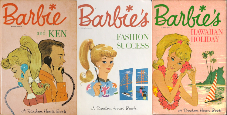 Three Random House Barbie book covers in color. L-R: "Barbie and Ken" shows the title couple each holding a phone to their ear; "Barbie's Fashion Success" shows Barbie holding a pain brush next to renderings of San Francisco's Golden Gate Bridge; "Barbie's Hawaiian Holiday" shows Barbie in a lei, fixing more flowers beside her ear, before a scene of a beach and sailboat. "Fashion Success" is on a white background, the others on pink. Each Barbie sports a blond ponytail.
