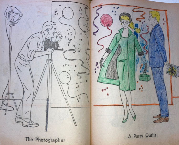 A two page spread. At left a photographer stands with a floodlight and a camera on a tripod. At right, Barbie and Ken post before a backdrop of balloons and confetti. Only the righthand side is colored. Barbie has been given a yellow ponytail, and her ensemble, which looks like Golden Elegance with closed-toed shoes, is all in green, except the hat, fur cuffs, short gloves, and coat lining are black. She has a little box handbag. Ken's hair is also yellow and he wears a blue suit with brown shoes. Left side text says, "The Photographer," while right side text says, "A Party Outfit.: