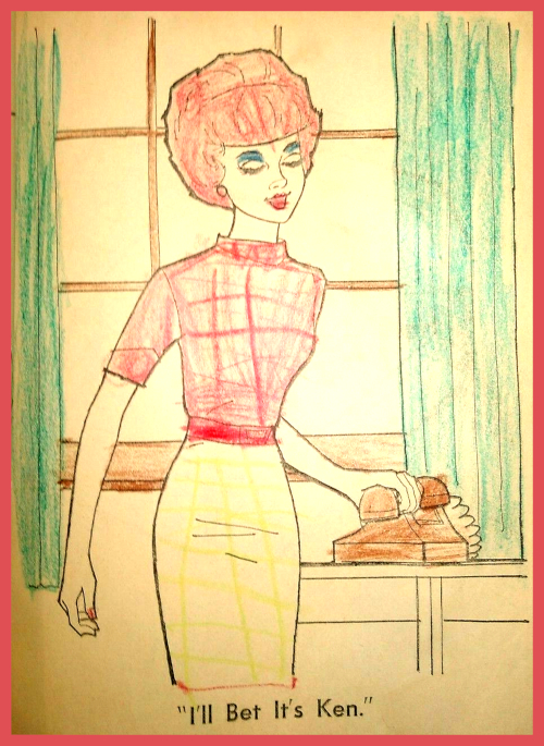 Bubblecut Barbie stands with her hand on a telephone. Text reads, "I'll bet it's Ken." She wears a tight sweater and equally bodycon pencil skirt. Her hair has been colored bright orange red and she wears blue eyeshadow up to her eyebrows. It looks like her eyelashes have been enhanced with black crayon. Her lips are red, as is her sweater, with some bolder lines suggesting checks. The skirt is similarly checked yellow. Her telephone is brown, and curtains framing a window behind her are green.