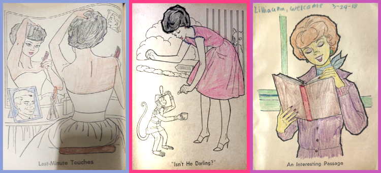 Left: Barbie sits at a vanity styling her bubble cut hairdo in a large mirror. She is wearing Silken Flame or Party Date. A framed portrait of Ken sits in front of her, along with a vase and possible perfume bottle. A second picture of Ken is taped to the mirror. Text at the bottom read, "Last-Minute Touches." The frame and background of Ken's portrait have been colored blue, the flowers in the vase are orange or red with green stems, the seat beneath Barbie and Barbie's comb are brown, Barbie's hair is black and her hair is colored peach. Middle: Bubble cut barbie bends over to give something to a Capuchin monkey dressed in a little uniform and holding out a cup. Her blouse and full skirt have been colored red, while her hair is colored black. Text at the bottom reads, "Isn't He Darling?" Right: Barbie reads a book. She wears a sweater and stylish scarf, colored purple and blue, respectively. The book is brown and red, Barbie's skin is peach or tan, and her hair is brown or reddish. Text at the bottom reads, "An Interesting Passage."