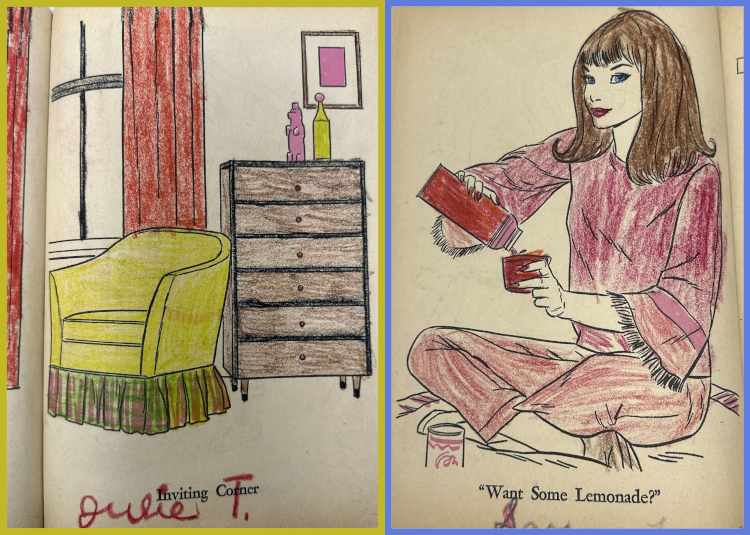 Two colored pages from a Francie coloring book. Left panel has no characters but shows a chair, window with curtains, and tall chest of drawers with two bottles displayed on top before a framed rectangle. The curtains are reddish, the chair and one bottle yellow, the chest brown, and the rectangle and remaining bottle are pink. Right, Francie sits crosslegged in a fringed outfit and pours something from a thermos into a thermos lid. Text reads, "Want Some Lemonade?" Francie has a knowing look in her eye. Colors are reds and browns.