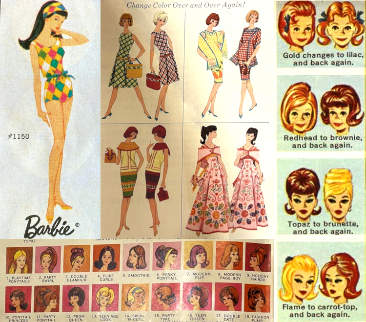 Clockwise from top left: Fashion sketch of Color Magic Barbie in her original swimsuit from a Mattel fashion booklet; eight fashion sketches of four outfits, each in two colorations, from the Fashion Designer set packaging; eight sketches of Barbie's head and hair demonstrating the color changes: text from top to bottom reads "Gold changes to lilac, and back again"; "Redhead and brownie, and back again"; "Topaz to brunette, and back again"; "Flame to carrot-top, and back again." The sketches show various hairstyles with colors matching the text, except the top frame, where "Gold changes to lilac" is depicted with, for unknown reasons, two orange-ish shades. Next image shows 18 hairstyle illustrations from the wig styling set; hairstyle names include "Double Glamour," "Flirt Curls," "Holiday Hairdo," "Ponytail Princess," and "Teen Queen."