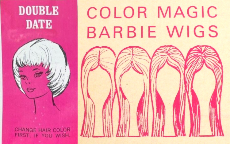 One additional hairdo sketch, as above: "Double Date." At right, illustration form an order form for additional Color Magic wigs shows four wigs of long, straight hair displayed on wig stands in a simple line drawing of pink on white.