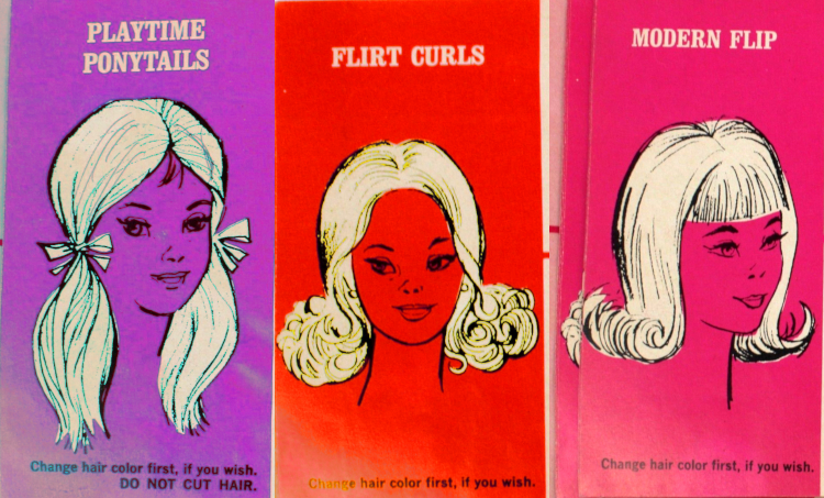 More illustrated hairstyles ("Playtime Ponytails," "Flirt Curls," "Modern Flip") in a simplified color scheme of black line on a solid background, with only the hair and text left white. The original background was "Barbie Pink"--an early example of such!--but one has been hue-shifted to purple and one to red.