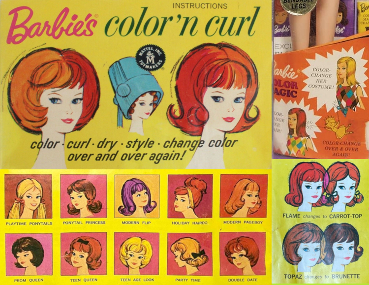Clockwise from top left: cover of Barbie's Color 'n Curl instructions. Two Barbies are illustrated from the next up with American Girl and flip hairdos in reddish tones; at center in another Barbie with curls and her hair inside a stand dryer. Text reads, "color - curl - dry - style - change color over and over again!" Next, detail from a vintage boxed doll showing packaging illustrations of Barbie with two hair colors and two suit colorations. Text reads, "Color change her costume!" "Color change her hair!" "Color change over & over again!" Next, four hairstyles illustrated in a flat colorized style. On the top row, the text "FLAME changes to CARROT-TOP" is illustrated with two reddish-colored 'dos. The figures overlap, and in the overlap the hair is colored magenta. On the bottom, "TOPAZ changes to BRUNETTE" is illustrated with brownish shades. In the overlap, a lighter, blond shade appears. Finally, a subset of 10 illustrated, named hairstyles as in the previous image. In the previous image and most of this one, the many depicted hair colors look natural, the exception being "Modern Flip," which appears to be lilac!