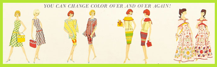 More packaging showing the Fashion Designer fashions; apparently the same sketches and poses as above, but in a tighter line style with flat color fills instead of the inked look of the first such image.
