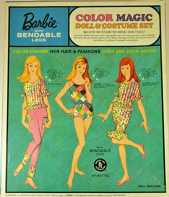 Front of a "Color Magic Doll & Costume Set." Three figures are drawn: those at left and right wear "color-changeable skirt, blouse, slacks" while the center wears the original swimsuit. The center figure appears barefoot while the left and right figures appear to wear petal pink flats. Each outfit is colored half-and-half in the two possible color schemes; left figure is blonde, right is red-haired and center figure has half blonde and half red hair. All wear their hair long and straight without bangs: the center with headband and the other two with a turquoise barrette.