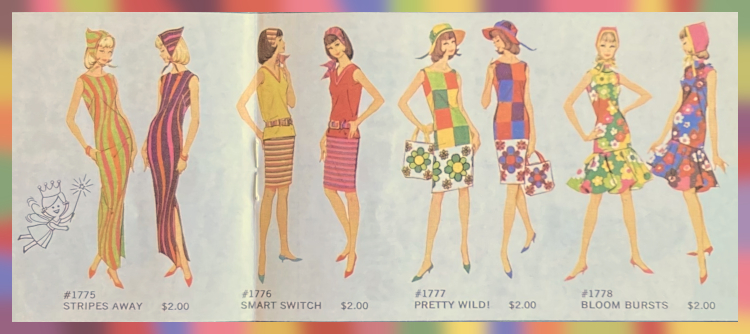 Eight color fashion sketches from a 1960s Mattel fashion booklet showing four Color Magic fashions, each in two colorations. The fashions are (L-R): Stripes Away, Smart Switch, Pretty Wild!, and Bloom Bursts.