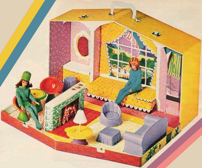 Vintage color photograph of a case that opens up to create a "house." The thicker side of the case remains standing and includes a twin bed beneath a window looking out at (illustrated) deck furniture and pool, with a closet to one side and vanity, mirror, and stool to the other. The slimmer side lies flat, with furniture attached to form a living area (two-seater couch, chair, ottoman, plus round side table with lamp) and breakfast nook (two inverted dome-shaped chairs and round table, all with conical bases. The sofa, easy chair, ottoman, and vanity stool are all in lavender plastic. The kitchen table and chair bases are green, while the chair seats are orange and table top is colored yellow. The living room table has purple base and yellow top. The bed, curtains (illustrated/lithographed), and box exterior are yellow-dominated, and the wallpaper of the closet and vanity is purple with orange. Between the two living areas is a fireplace of green fieldstone, with a roaring fire illustrated.
