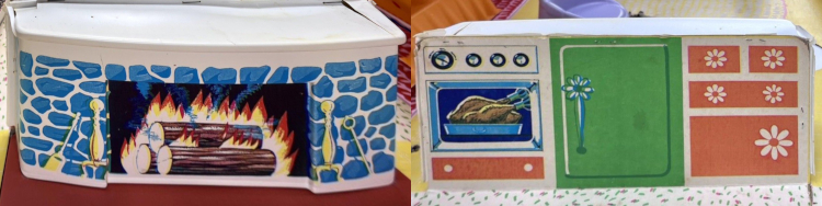 Closeup on vintage example of the fireplace, left, now of blue fieldstone, and the reverse side which shows an over, a mini fridge, and some drawers with daisy-shaped pulls.