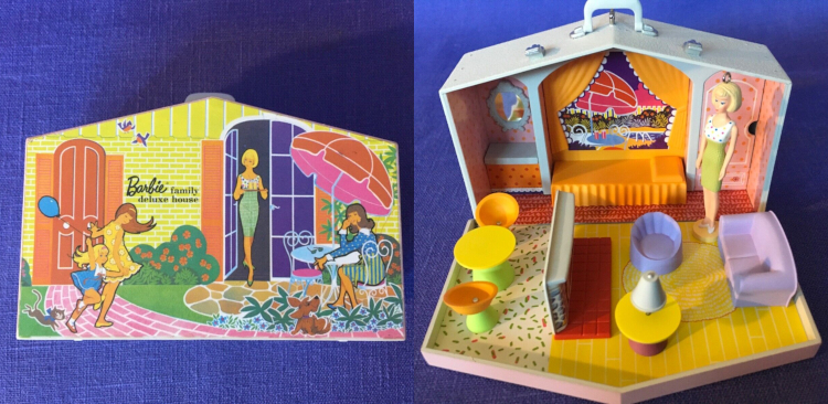 The ornament is shown closed and open in pictures that are analogous to the first and third images in this post. It is a pretty faithful miniature with only minor simplifications to some of the patterns. Also included is a mini Barbie in Lunch on the Terrace, as depicted on the exterior of both play set and ornament; she has a ring on the top of her head to function as a separate ornament.