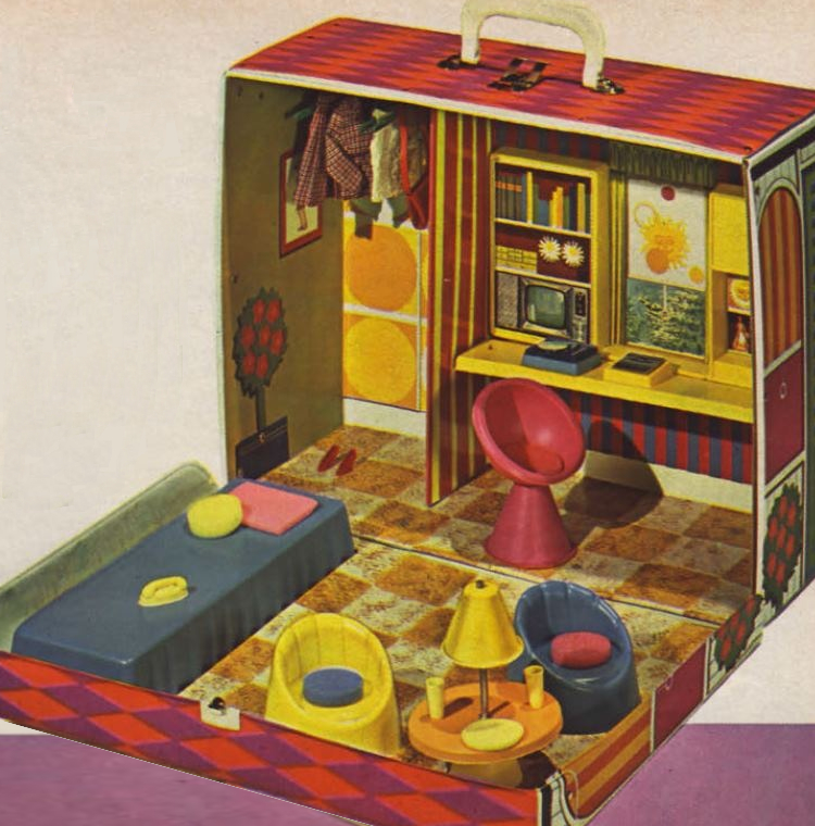 Vintage color catalog image of a case that opens similarly to the Family Deluxe House. On the standing side is a wardrobe and desk, with shelves and a window looking out on greenery illustrated onto the wall. The "typewriter" embedded in the desk looks similar to an adding machine or large calculator, while the "television" lithographed onto the shelves is all shades of grey. There is a smiling sun with other red-yellow orbs (planets?) illustrated on the windowshade. An unattached record player in blue and black sits next to the keyboard. The walls are in various striped and dotten patterns. Next to the desk sits another cone-dome chair like Barbie had above, this one all in pink. On the flat side is a bed of blue plastic, two easy chairs in yellow and blue, and a lamp table like Barbie's but with an orange surface and yellow shade. Foam pillows in pink, yellow, and blue, a telephone, and two cups with tray, all in yellow plastic, complete the scene. The floor is cream and orange tiles covered in brown scribbles. It looks like a fast food kitchen floor right after the lunch rush, or like maybe it was mopped with murky brown water. It's disgusting.