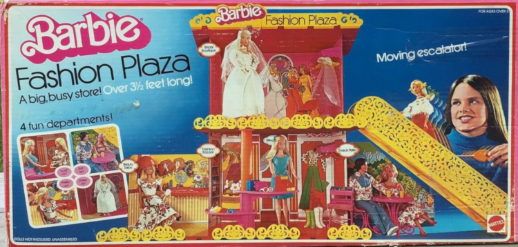 Packaging for the Barbie Fashion Plaza, a department store with rooms for clothing retail, a table and chairs implying dining, and a simple salon consisting of a counter and single dryer chair. A moving escalator took Barbie to the upper level to try on wedding dresses.
