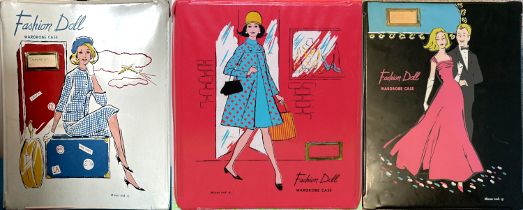 Three cases. Left, on a white backdrop, a woman in a beret and checked suit sits with colorful luggage; an airplane is sketched moving through clouds in the background; next, a woman in polka-dotted swing coat and cloche-style had walks in front of a shop window displaying hats and accessories, on a pink background; right, on a black background, a woman in a long pink evening gown is escorted by a man in a tuxedo. 