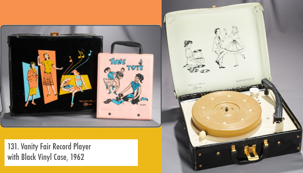 Composition of images from Theriault's catalog. Label reads "131. Vanity Fair Record Player with Black Vinyl Case, 1962." The record player's black case is decorated with young people dancing or sitting next to a record player from which music notes fly, with skewed solid-colored boxes behind them as on some Barbie art; the graphics are in teal, orange  and yellow on the black background. The included Tune Tote is pink vinyl and also features images of children listening to records and dancing. At right, the record player is open and we see similar images, rendered in black and white, on the inside lid of the record player. 