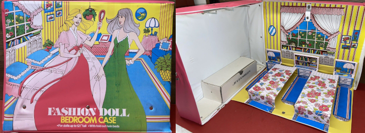 The exterior of this case shows two women in Farrah Fawcett style wearing negligees, one holding a mirror, in front of a room including two twin beds, a potted plant, a table lamp, and some framed art; text reads "Fashion Doll Bedroom Case; for dolls up to 12 1/2" tall; with fold out twin beds." At right, the case interior reveals the twin beds with floral bedspreads, a wardrobe area and drawer in the facing side of the case, and various lithographed details such as area rugs, bedside lamps, shelves, and hung artwork. Above the beds in both views is a window with ruffly curtains looking out on a flowering bush, and the wallpaper is yellow with vertical stripes.