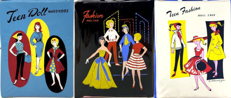 Three cases in bold color palettes of red, yellow, blue, white, and black. L-R the vinyl is blue, black, white, with text reading "Teen Doll Wardrobe," "Fashion Doll Case," "Teen Fashion Doll Case." At right, three simply-rendered characters stand before skewed rectangles much as Barbie did in her early cases. One wears an outfit similar to Winter Holiday, one wears a coat, and one a dress with full skirt and wide-brimmed hat. At left, three similar figures stand inside differently-colored ovals. Center, four figures stand before a background resembling arched doorways drawn with simple dashed lines in different colors. One wears a long, strapless gown with large bow; one wears a flowered top and slacks; one a suit with skirt; and one, a solid-colored top with full, striped skirt.