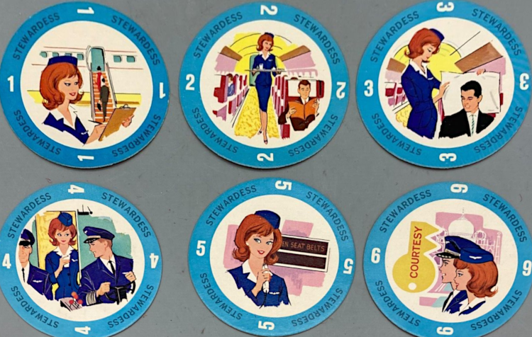 Six scenes of Titian American Girl Barbie as American Airlines Stewardess: Standing on the runway near stairs up to an airplane, holding a clipboard; walking down the aisle with a tray; positioning a pillow for a handsome Ken-type passenger; peeking into the cockpit to talk to another Ken; making an announcement in front of a lighted "fasten seat belts" sign; and standing in profile next to a key that reads "Courtesy."