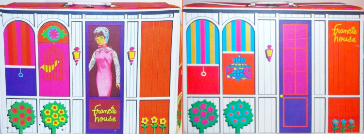Front and back of the case that forms Francie's "house" is as described in the text. On the front, Francie is illustrated standing at a screen door wearing Party Date. Her form occupies the full height of the doorway. The bottom part of the door is a solid panel that says "francie house" in yellow on brown. In small letters below "francie" and impossible to see in this view is also the tagline "Barbie's MODern Cousin." In arched windows there is one blind with vertical red, orange and pink stripes, and one stained glass panel with stylized bird in birdcage beneath.  At right, the reverse looks like the front, except Francie is gone--a window of magenta panes outlined in red replaces her, both windows have blinds of vertical aqua, magenta and yellow stripes, one window also showing a pendant lamp with stained glass in a similar scheme, and the "francie house" logo is at top right on a red panel. Flowers and flowering bushes line the bottom of both views.