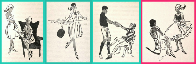 Four black-and-white drawings. L: Barbie in a sleeveless sheath stands next to a seated, suited woman who is looking through some papers (Barbie's fashion sketches); In an outfit somewhat suggesting Commuter Set, Barbie walks away from an airplane; Barbie, seated in an outfit that resembles Winter Holiday, is pulled to her feet by a dark-haired young man; and Barbie, apparently in Silken Flame, poses for a woman in a rocking chair.